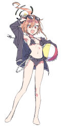 Rule 34 | 1girl, :d, ahoge, arm up, ball, bare legs, barefoot, beachball, bikini, bikini under clothes, black bikini, black jacket, blue archive, braid, brown hair, carrying, carrying under arm, chain, commentary request, eyewear on head, fang, frilled bikini, frills, full body, hair between eyes, highres, hood, hood down, hooded jacket, jacket, mole under each eye, mole under eye, multiple moles, neru (blue archive), neru (swimsuit) (blue archive), open clothes, open jacket, open mouth, red eyes, signature, simple background, single braid, smile, solo, standing, sunglasses, swimsuit, white background, zekkyou (h9s9)
