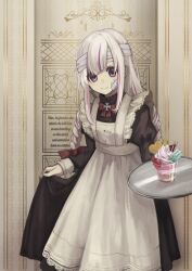 Rule 34 | 1girl, apron, bandaged head, bandages, black dress, bow, bowtie, braid, cross, dress, gauze on cheek, hair bow, highres, holding, holding tray, indoors, iron cross, long hair, looking at viewer, maid, multicolored hair, nanao mugi, original, parfait, purple eyes, purple hair, red bow, red bowtie, skirt hold, smile, solo, streaked hair, tray, twin braids, two-tone hair, white apron, white hair