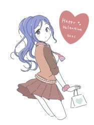 Rule 34 | 1girl, absurdres, artist name, artist request, bag, bare legs, blue hair, blush, breasts, brown jacket, brown skirt, checkered clothes, checkered skirt, collarbone, collared jacket, collared shirt, female focus, from behind, hair between eyes, hair ornament, hairclip, happy valentine, heart, heart (symbol), heart hair ornament, high ponytail, highres, holding, holding bag, jacket, long hair, looking at viewer, looking back, love live!, love live! school idol festival, love live! sunshine!!, matsuura kanan, medium breasts, miniskirt, necktie, parted lips, plaid, plaid skirt, pleated, pleated skirt, polka dot, polka dot scrunchie, ponytail, purple eyes, red necktie, red scrunchie, scrunchie, shirt, skirt, smile, solo, valentine, white shirt, wing collar, wrist scrunchie, zipper, zipper pull tab