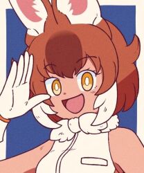 Rule 34 | 1girl, animal ears, bare shoulders, blue background, brown hair, dhole (kemono friends), extra ears, gloves, kamillekawaiine, kemono friends, looking at viewer, multicolored hair, scarf, shirt, short hair, simple background, sleeveless, sleeveless shirt, smile, solo, two-tone hair, upper body, white hair, wolf ears, wolf girl, yellow eyes