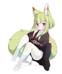 Rule 34 | 1girl, animal ear fluff, animal ears, bed, belt, belt buckle, black skirt, blush, brown belt, buckle, closed mouth, clothes lift, collared shirt, commentary request, done (donezumi), dress shirt, fox ears, fox girl, fox shadow puppet, fox tail, full body, green hair, hair ornament, hairclip, hands up, highres, lifted by self, long hair, looking at viewer, no shoes, original, pantyhose, purple eyes, shirt, skirt, skirt lift, solo, tail, white background, white pantyhose, white shirt