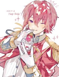 Rule 34 | 1boy, 2023, blush, colored eyelashes, cupcake, daifugo happy, dated, drawn crown, ensemble stars!, epaulettes, food, formal, gloves, happy birthday, highres, holding, holding food, idol clothes, jacket, male focus, purple eyes, red hair, red jacket, shirt, short hair, solo, sparkle, suou tsukasa, tongue, tongue out, white gloves, white shirt