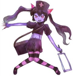 Rule 34 | 1girl, :d, bag, between fingers, black hair, black shirt, black thighhighs, bmp-to-png conversion, chrome (mon-musu quest!), colored skin, crop top, cross, demon girl, evil smile, full body, game cg, glowing horns, hacksaw, hair between eyes, hat, holding, holding syringe, horizontal-striped thighhighs, horns, knees together feet apart, long hair, looking at viewer, lowres, midriff, mon-musu quest!, navel, non-web source, nurse cap, open mouth, outstretched arms, pink eyes, pink horns, pink thighhighs, puffy short sleeves, puffy sleeves, purple footwear, purple skin, red cross, ringed eyes, saw, shirt, short sleeves, shorts, shoulder bag, simple background, smile, solo, striped clothes, striped thighhighs, suspender shorts, suspenders, syringe, thighhighs, transparent background, twintails, un do, v-shaped eyebrows, v-shaped eyes