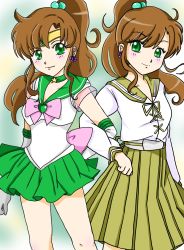 Rule 34 | 1990s (style), 2girls, bare legs, bishoujo senshi sailor moon, blush, bow, brown hair, choker, clenched hand, dress, dual persona, earrings, elbow gloves, female focus, gloves, green eyes, hair between eyes, hair bobbles, hair ornament, heart, highres, jewelry, kino makoto, laces, legs, locked arms, long skirt, long sleeves, looking at viewer, magical girl, multiple girls, neck, necklace, pleated skirt, ponytail, ribbon, rio (mintboo), sailor collar, sailor jupiter, school uniform, serafuku, skirt, smile, standing, super sailor jupiter, symmetry, tiara, v-neck, white gloves