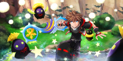Rule 34 | 1boy, belt, black shirt, blue12tt, blue eyes, brown hair, grass, heartless, highres, hood, hoodie, jewelry, keyblade, kingdom hearts, kingdom hearts iii, looking at viewer, monster, necklace, shirt, smile, sora (kingdom hearts), spiked hair, square enix, v-neck, water, weapon