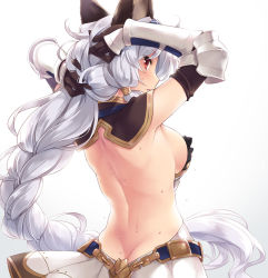 Rule 34 | 10s, 1girl, adjusting hair, animal ears, ass, back, back focus, bare back, black gloves, braid, braided ponytail, breasts, butt crack, erune, from behind, gauntlets, gloves, granblue fantasy, heles, large breasts, long hair, looking at viewer, looking back, medium breasts, parted lips, red eyes, saeki hokuto, sideboob, silver hair, single braid, solo, sweat, very long hair