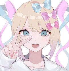 Rule 34 | 1girl, blonde hair, blue bow, blue eyes, blue hair, blue nails, blush, bow, chouzetsusaikawa tenshi-chan, hair bow, highres, long sleeves, looking at viewer, moga (ponco gris), multicolored hair, multicolored nails, needy girl overdose, open mouth, pink bow, pink hair, pink nails, purple bow, quad tails, sailor collar, school uniform, serafuku, shirt, simple background, smile, solo, twintails, upper body, v over eye, white background
