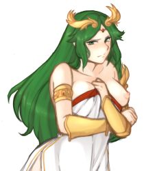 Rule 34 | 1girl, absurdres, armlet, blush, bracelet, breasts, collarbone, covering privates, covering breasts, dress, embarrassed, forehead jewel, frown, green eyes, green hair, highres, jewelry, kid icarus, kid icarus uprising, large breasts, laurel crown, long hair, looking at viewer, nintendo, nipples, one breast out, palutena, parted bangs, side slit, sketch, solo, swept bangs, tiara, transparent background, tridisart, vambraces, white dress