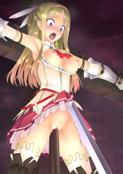 Rule 34 | 1girl, anal, blonde hair, blood, blush, boots, bound, bound arms, breasts, breasts out, censored, cleavage cutout, clothes lift, clothing cutout, crucifixion, defloration, detached sleeves, double penetration, dress, dress lift, f-ism, feathers, gradient hair, hair ornament, hairband, highres, impaled, large breasts, long hair, multicolored hair, murakami suigun, nipples, no panties, object insertion, open mouth, orange hair, original, pain, pink eyes, polearm, pussy, rape, restrained, screaming, solo, sweat, sword, thigh boots, thighhighs, torture, vaginal, weapon
