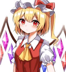 Rule 34 | 1girl, ascot, blonde hair, blush, bow, crying, crystal, flandre scarlet, frilled shirt, frilled shirt collar, frilled skirt, frilled sleeves, frills, hat, hat ribbon, highres, kiui (dagk8254), medium hair, mob cap, puffy short sleeves, puffy sleeves, red bow, red eyes, red ribbon, red vest, ribbon, shirt, short hair, short sleeves, simple background, skirt, solo, tears, touhou, vest, wings, yellow ascot