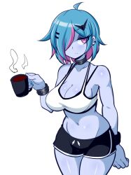 Rule 34 | 1girl, :&lt;, alternate hair length, alternate hairstyle, blue hair, blue skin, breasts, cleavage, colored skin, cowboy shot, cup, curvy, disposable cup, expressionless, goth fashion, highres, holding, holding cup, large breasts, lucy (lucyfer), lucyfer, multicolored hair, original, red eyes, shiny skin, shirt, short hair, short shorts, shorts, simple background, skirt, solo, sports bra, standing, thighhighs, thighs, two-tone hair, white background, white shirt, wide hips