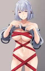 Rule 34 | 1girl, absurdres, braid, breasts, clothes lift, cyka, girls&#039; frontline, heart, highres, large breasts, lifting own clothes, navel, purple eyes, red ribbon, ribbon, rpk-16 (girls&#039; frontline), shirt lift, short hair, side braid, silver hair, solo, tactical clothes, undressing