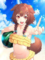 Rule 34 | 1girl, animal ears, bare arms, bare shoulders, bikini, blue sky, blush, bone hair ornament, bow, braid, breasts, brown eyes, brown hair, cleavage, cloud, collarbone, commentary request, day, dog ears, dog girl, dog tail, fang, food, frilled bikini, frills, fruit, hair between eyes, hair bow, hair ornament, hair over shoulder, hairclip, highres, holding, holding food, hololive, inugami korone, long hair, looking at viewer, medium breasts, mikan (chipstar182), navel, open mouth, outdoors, sky, smile, solo, swimsuit, tail, twin braids, virtual youtuber, watermelon, yellow bikini