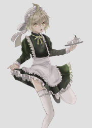 Rule 34 | 1boy, :o, akitama2727, antenna hair, apron, clothes lift, crossdressing, cup, dress, green dress, green eyes, green footwear, green hair, grey background, hair between eyes, highres, holding, holding tray, leg up, looking at viewer, maid, maid apron, maid headdress, open mouth, pinocchio (sinoalice), shoes, simple background, sinoalice, skirt, skirt lift, solo, teacup, teapot, thighhighs, trap, tray, white headwear, white thighhighs