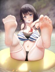 Rule 34 | 1girl, absurdres, barefoot, black hair, blue eyes, breasts, feet, gridman universe, highres, large breasts, light blush, long hair, looking at viewer, open mouth, single thighhigh, soles, ssss.gridman, steam, takarada rikka, thighhighs, toes, ursica, white thighhighs
