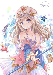 Rule 34 | 1girl, atelier (series), atelier totori, bag, bird, brown hair, closed mouth, cowboy shot, fish, hat, highres, holding, holding staff, long hair, looking at viewer, purple eyes, scarlet dango, seagull, see-through, skirt, smile, solo, staff, standing, starfish, totooria helmold, water