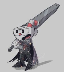 Rule 34 | 1boy, :d, armor, bad id, bad twitter id, breastplate, cape, cosplay, cuphead, cuphead (game), dark souls (series), dark souls i, dark souls iii, dragonslayer (sword), faulds, gloves, greaves, grey background, holding, holding sword, holding weapon, long sword, male focus, nova1duke, open mouth, over shoulder, pac-man eyes, parody, pauldrons, plate armor, shoulder armor, simple background, smile, solo, sparks, sword, torn cape, torn clothes, vambraces, weapon, weapon over shoulder, white gloves