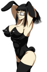 Rule 34 | 1girl, abs, adjusting hair, animal ears, armpits, arms behind head, arms up, black hair, black thighhighs, breasts, covered erect nipples, eyepatch, fake animal ears, female focus, highres, hikora, image sample, jormungand (manga), large breasts, leotard, long hair, looking at viewer, pixiv sample, playboy bunny, rabbit ears, rabbit tail, resized, simple background, smile, sofia valmer, solo, tail, thighhighs, white background, yellow eyes