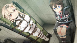 Rule 34 | 2girls, belt, blonde hair, blue eyes, bound, braid, brown hair, buckle, chair, commentary, commission, english commentary, hair ornament, hairclip, kantai collection, looking at viewer, multiple girls, orange eyes, restrained, shigure (kancolle), snap-fit buckle, stationary restraints, straitjacket, strap, strapped down, tied up, yasume yukito, yuudachi (kancolle)