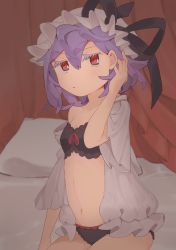 Rule 34 | 1girl, absurdres, bed, black panties, bra, breasts, citrus (place), curtains, frilled panties, frills, hair behind ear, hair between eyes, hat, hat ribbon, highres, looking at viewer, mob cap, navel, off shoulder, on bed, open clothes, open shirt, panties, pillow, purple hair, red eyes, remilia scarlet, ribbon, shirt, short hair, small breasts, solo, touhou, underwear