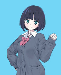 Rule 34 | 1girl, absurdres, black cardigan, black hair, blue background, blunt bangs, blush, bow, bowtie, cardigan, closed mouth, green eyes, haaam, hand on own hip, highres, long sleeves, looking at viewer, original, red bow, red bowtie, school uniform, shirt, short hair, simple background, smile, solo, upper body, white shirt
