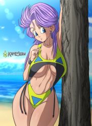 Rule 34 | 1girl, beach, blue eyes, blue nails, breasts, bulma, cleavage, curvy, day, dragon ball, female focus, kameseru, large breasts, long hair, looking to the side, nail polish, navel, ocean, outdoors, purple hair, sand, solo, swimsuit, thick thighs, thighs, water