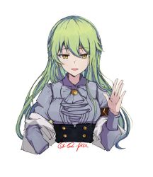 Rule 34 | 1girl, :d, benghuai xueyuan, blue shirt, character request, green hair, hair between eyes, hand up, honkai (series), long hair, long sleeves, looking at viewer, open mouth, q-pra, shirt, simple background, smile, solo, white background, yellow eyes