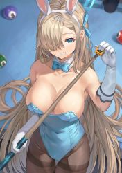 Rule 34 | 1girl, animal ears, asuna (blue archive), asuna (bunny) (blue archive), ball, bare shoulders, billiard ball, billiards, blue archive, blue eyes, blue leotard, blush, breasts, brown pantyhose, cleavage, cue stick, detached collar, elbow gloves, fake animal ears, gloves, grin, hair over one eye, hair ribbon, halo, highleg, highleg leotard, highres, large breasts, leotard, light brown hair, long hair, looking at viewer, mole, mole on breast, pantyhose, playboy bunny, pool table, rabbit ears, rangen, ribbon, smile, solo, table, thighband pantyhose, thighs, very long hair, white gloves