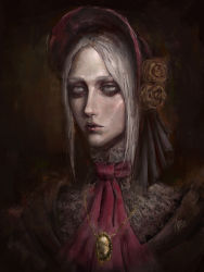 Rule 34 | 1girl, ascot, azure meraki, bad id, bad twitter id, bloodborne, bonnet, brown background, closed mouth, dated, flower, highres, jewelry, looking at viewer, making-of available, necklace, plain doll, portrait, red ascot, rose, signature, solo, white hair, yellow flower, yellow rose