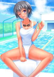 Rule 34 | 1girl, absurdres, black hair, blue eyes, blue sky, chain-link fence, cloud, competition swimsuit, contrail, day, fang, fence, goggles, goggles around neck, highres, moe2018, one-piece swimsuit, one eye closed, open mouth, original, pool, poolside, pulled by self, shed, shirouzu myuuta, short hair, sitting, sky, smile, solo, spread legs, starting block, swimsuit, tan, tanline, wet, white one-piece swimsuit