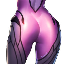 Rule 34 | 1girl, artist name, ass, back, bodysuit, colored skin, from behind, legs apart, lvans, overwatch, overwatch 1, purple skin, simple background, skin tight, solo, standing, unmoving pattern, white background, widowmaker (overwatch)