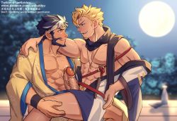 Rule 34 | 2boys, :q, abs, alternate costume, bad id, bad twitter id, bara, bare pectorals, bare shoulders, beard, black scarf, blush, clothed sex, cross scar, curran (dragalia lost), dark-skinned male, dark skin, dragalia lost, erection, eye contact, facial hair, feet out of frame, festival, full moon, hair between eyes, headband, highres, implied anal, implied sex, japanese clothes, kimono, large penis, long sideburns, looking at another, male focus, male pubic hair, mature male, moon, multicolored hair, multiple boys, muscular, muscular male, nipples, off shoulder, open clothes, open kimono, paid reward available, pectorals, penis, precum, pubic hair, scar, scar on face, scar on forehead, scarf, short hair, sideburns, sitting, sitting on person, thighs, tongue, tongue out, two-tone hair, uncensored, veins, veiny penis, yaekaidou, yaoi, yellow kimono, zhu bajie (dragalia lost)