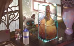 Rule 34 | 1girl, absurdres, acorn, blonde hair, blue eyes, bottle, breasts, cat, cleavage, closed eyes, dress, flower, highres, hisao 0111, in container, indoors, mini person, minigirl, original, own hands together, price tag, rain, standing, vase, water drop, wide shot, window, yellow dress
