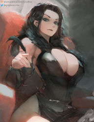 1girl bare_shoulders black_dress black_hair breasts brown_eyes chair cleavage closed_mouth commission detached_sleeves dress from_below fur_collar gray_bear highres large_breasts long_hair original quill side_slit sitting thighs