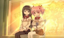 Rule 34 | 2girls, akemi homura, amy (madoka magica), animal, black hair, black hairband, black pantyhose, black skirt, blush, bow, bowtie, cat, chair, closed mouth, collared shirt, dot nose, feet out of frame, game cg, hair ribbon, hairband, hands on own legs, holding, holding animal, holding cat, indoors, juliet sleeves, kaname madoka, legs together, long hair, long sleeves, magia record: mahou shoujo madoka magica gaiden, mahou shoujo madoka magica, mitakihara school uniform, multiple girls, official art, pantyhose, pink eyes, pink hair, plaid, plaid skirt, pleated skirt, puffy sleeves, red bow, red bowtie, red ribbon, ribbon, school uniform, shirt, short hair, sidelocks, sitting, skirt, sleeve cuffs, smile, split mouth, sweater, thighhighs, tree, twintails, very long hair, white shirt, white thighhighs, yellow sweater