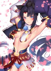 Rule 34 | 1girl, absurdres, armor, armpits, arms up, black hair, blue eyes, cherry blossoms, closed mouth, detached sleeves, fate/grand order, fate (series), hat, highres, huusri, long hair, navel, pauldrons, purple sleeves, revealing clothes, shoulder armor, solo, tate eboshi, underwear, ushiwakamaru (fate), white background, wide sleeves