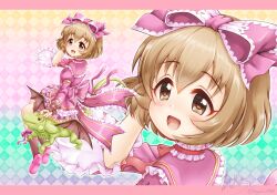 Rule 34 | 1girl, :d, animal, argyle, argyle background, argyle clothes, blush, bow, brown eyes, brown hair, brown socks, brown wings, commentary request, dress, frilled bow, frilled dress, frilled sleeves, frills, hair between eyes, hair bow, hand up, highres, hyou-kun, idolmaster, idolmaster cinderella girls, idolmaster cinderella girls u149, iguana, juliet sleeves, koga koharu, long sleeves, open mouth, pink bow, pink dress, pink footwear, puffy sleeves, regular mow, shoe soles, shoes, signature, smile, socks, twitter username, wide sleeves, winged animal, wings, zoom layer