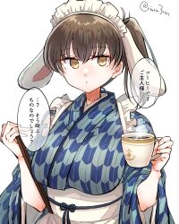 Rule 34 | 1girl, alternate costume, animal ears, breasts, brown eyes, brown hair, closed mouth, coffee, cup, enmaided, fake animal ears, floppy ears, hair between eyes, highres, holding, holding cup, japanese clothes, kaga (kancolle), kantai collection, kimono, large breasts, long hair, long sleeves, maid, maid headdress, matsunaga (haku), rabbit ears, side ponytail, simple background, solo, speech bubble, translation request, twitter username, upper body, wa maid, white background, wide sleeves