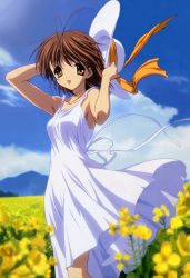 Rule 34 | 00s, 1girl, :d, absurdres, antenna hair, arms up, bare arms, blurry, brown eyes, brown hair, clannad, cloud, day, depth of field, dress, field, flower, flower field, furukawa nagisa, hat, unworn hat, hat ribbon, unworn headwear, highres, holding, holding hat, looking at viewer, official art, open mouth, outdoors, ribbon, sky, sleeveless, sleeveless dress, smile, solo, sun hat, sundress, white dress, wind