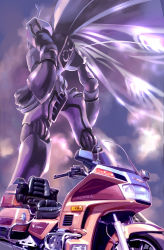 Rule 34 | claws, clenched hands, cloud, commentary, commentary request, dunbine, engine, fairy wings, highres, honda, k-kat, logo, machinery, mecha, motor vehicle, motorcycle, no humans, realistic, robot, science fiction, seisenshi dunbine, tire, wings