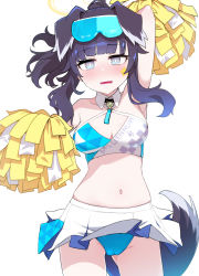 Rule 34 | 1girl, animal ears, arm up, armpits, bare shoulders, black hair, blue archive, blue eyes, blue panties, blunt bangs, blush, breasts, cheerleader, cleavage, crop top, dog ears, dog girl, dog tail, eyewear on head, gluteal fold, goggles, goggles on head, halo, hibiki (blue archive), hibiki (cheer squad) (blue archive), highres, holding, holding pom poms, ichika (ichi ka0), long hair, looking at viewer, medium breasts, millennium cheerleader outfit (blue archive), miniskirt, multicolored hair, navel, open mouth, panties, pom pom (cheerleading), pom poms, simple background, skirt, sleeveless, solo, sunglasses, tail, thighs, underwear, white background, white skirt