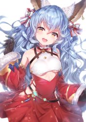 Rule 34 | 1girl, alternate costume, animal ears, bare shoulders, black gloves, blue hair, blush, bow, breasts, commentary request, detached collar, detached sleeves, dress, ferry (granblue fantasy), ferry (santa minidress) (granblue fantasy), fur-trimmed sleeves, fur trim, gloves, granblue fantasy, hair between eyes, hair bow, hand up, head tilt, highres, long hair, long sleeves, open mouth, panties, red dress, red panties, santa costume, side-tie panties, side slit, simple background, small breasts, smile, solo, striped, striped bow, teeth, topia, underboob, underwear, upper teeth only, very long hair, wavy hair, white background, white bow, yellow eyes