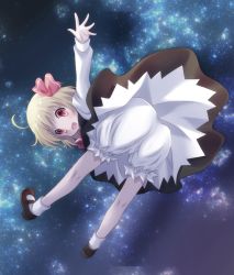 Rule 34 | 1girl, ass, blonde hair, bloomers, blush, bow, hair bow, hair ribbon, kneepits, komiru, mary janes, open mouth, outstretched arm, outstretched hand, red eyes, ribbon, rumia, shoes, short hair, skirt, smile, solo, touhou, underwear, white bloomers