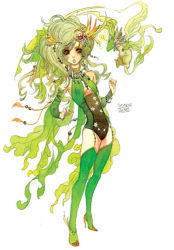Rule 34 | 1990s (style), 1girl, aged up, bad id, bad pixiv id, boots, bracelet, brown eyes, detached sleeves, dragon, earrings, final fantasy, final fantasy iv, green footwear, green hair, hair ornament, high heel boots, high heels, jewelry, leotard, lipstick, long hair, makeup, nail polish, necklace, orange nails, painting (medium), retro artstyle, rydia (ff4), sakizou, shoes, simple background, solo, standing, thigh boots, thighhighs, traditional media, watercolor (medium), wings