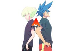 Rule 34 | 2boys, back-to-back, blonde hair, blue hair, copyright name, earrings, galo thymos, hand on own hip, highres, jewelry, lio fotia, looking down, looking up, male focus, multiple boys, pants, promare, purple eyes, saitou kengo, shirt, short hair, spiked hair