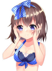 Rule 34 | 1girl, bare arms, bare shoulders, bikini, blue bikini, blue bow, blue hairband, blush, bow, breasts, cleavage, closed mouth, collarbone, commentary request, hair between eyes, hair bow, hairband, hands on own face, hands up, medium breasts, misaki (misaki86), original, polka dot, polka dot bikini, polka dot bow, polka dot hairband, simple background, smile, solo, swimsuit, upper body, white background