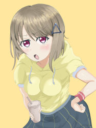 Rule 34 | 1girl, :o, artist name, artist request, blush, breasts, brown hair, collarbone, cup, drawstring, female focus, green pants, green shorts, grey hair, hair ornament, hairclip, hand on own hip, highres, holding, holding cup, hood, hoodie, jacket, light brown hair, looking at viewer, love live!, love live! nijigasaki high school idol club, love live! school idol festival, medium breasts, nakasu kasumi, orange background, pants, parted lips, pink eyes, pink wristband, purple eyes, short hair, short shorts, short sleeves, shorts, smile, solo, striped clothes, striped shorts, triangle hair ornament, v-shaped eyebrows, vertical-striped clothes, vertical-striped shorts, yellow hoodie, yellow jacket