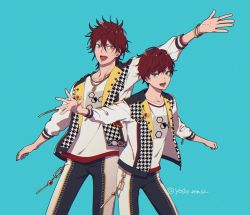 Rule 34 | 2boys, amagi hiiro, amagi rinne, blue background, blue eyes, bracelet, brothers, ensemble stars!, jewelry, long sleeves, looking at viewer, male focus, multiple boys, necklace, open mouth, red hair, short hair, siblings, smile, yoshi ma62