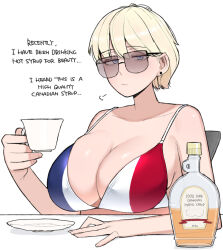 Rule 34 | 1girl, bikini, black-framed eyewear, blonde hair, blue eyes, breasts, chair, cleavage, closed mouth, collarbone, commentary, cup, earrings, english text, expressionless, flag print, france (ohasi), french flag bikini, holding, holding cup, jewelry, large breasts, looking at viewer, ohasi, original, plate, short hair, solo, stud earrings, sunglasses, swimsuit, symbol-only commentary, syrup, teacup, upper body