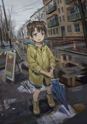 Rule 34 | 1boy, absurdres, after rain, animal ears, blue eyes, blue shorts, boots, brown hair, child, cityscape, coat, dog ears, dog tail, fang, grey sky, highres, holding, holding umbrella, hood, hooded coat, open mouth, original, outdoors, puddle, raincoat, reflection, rubber boots, short hair, shorts, sky, sleeves rolled up, smile, solo, standing, tail, take no (xtc65 0), umbrella, vanishing point, yellow coat, yellow footwear